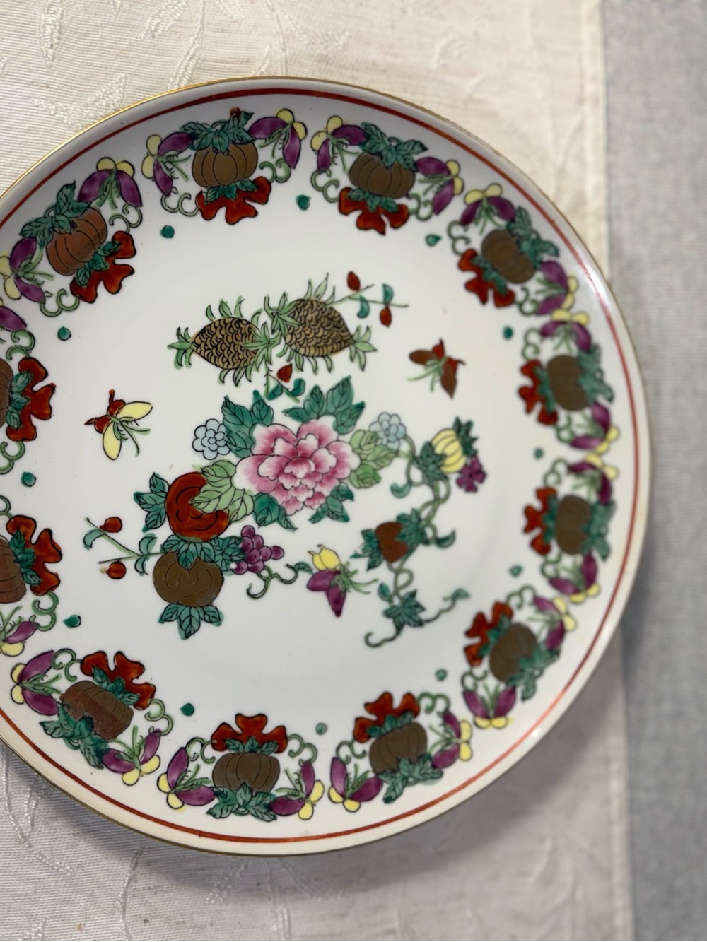 Vintage Japanese Porcelain Hong Kong Decorated Floral 10.25” Plate Gold Trim